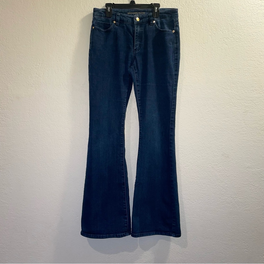 Michael Kors Flare Dark Denim Jeans With gold Circle Logo on Back Pocket - Size6